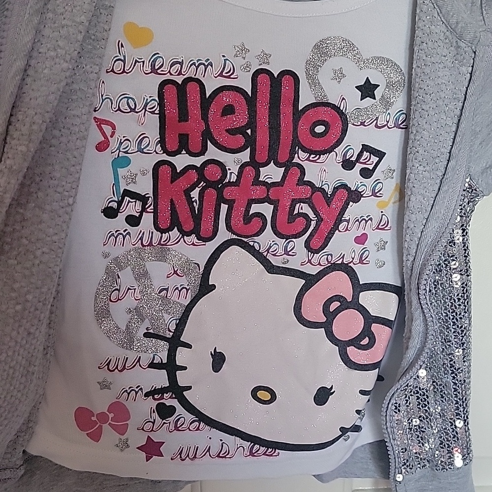 Adorable Hello Kitty lightweight, sequined hoodie. Light gray, S(6/6X). - Picture 5 of 9